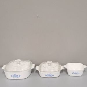 Vintage Corningware Blue Cornflower Casserol Dishes set of three white blue